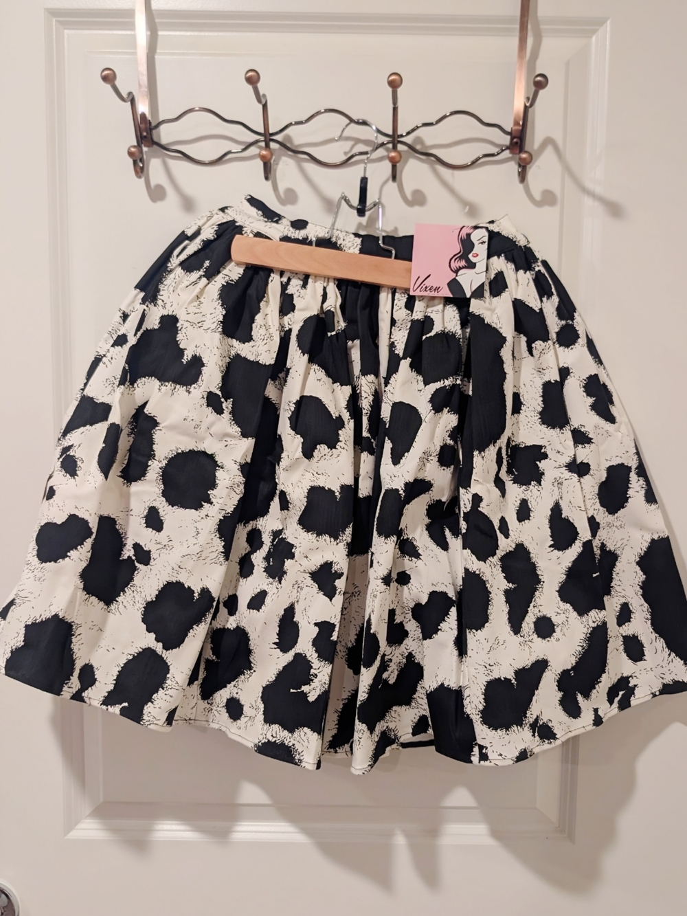 Vixen By Micheline Pitt Black and White Cow Print Circle Skater Skirt